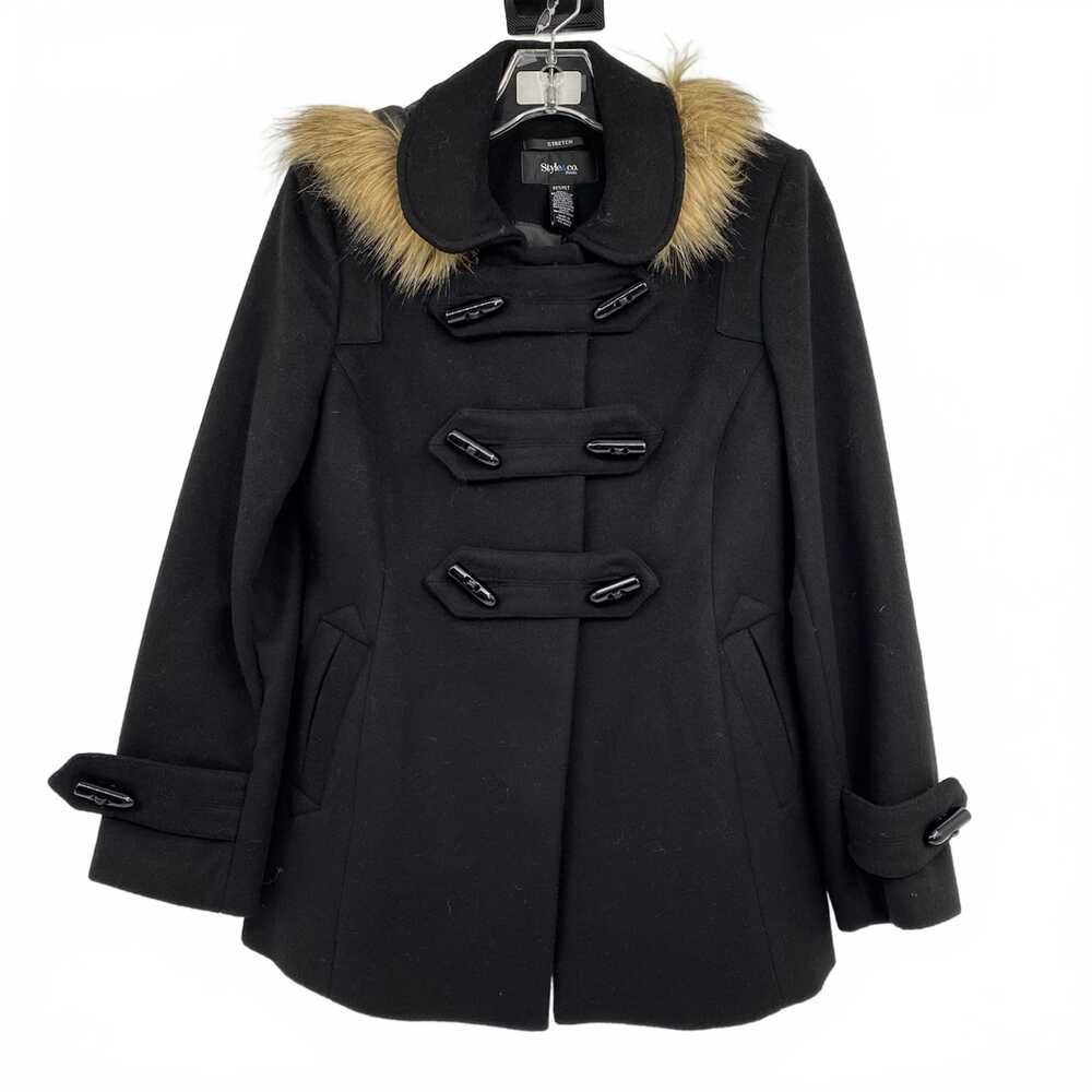 Style & Co Black Faux Fur Trim Hood Pea Coat | Women’s MP Regular